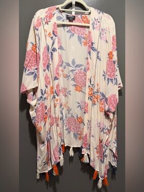 Angie Cream Floral Open Kimono with Pink and Orange Flowers